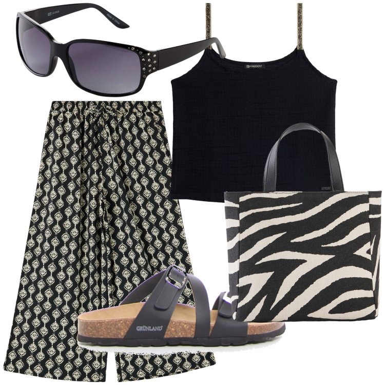 Outfit donna - Freschissima. Stile Minimal per Tutti i giorni. Abbinamento con borse a mano, occhiali da sole, pantaloni a palazzo, canottiere, ciabatte.
