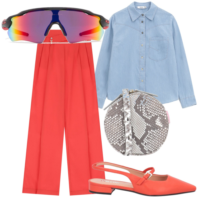 Outfit donna - Città. Stile Urban per Tutti i giorni. Abbinamento con ballerine, borse a tracolla, camicie, pantaloni, occhiali da sole.