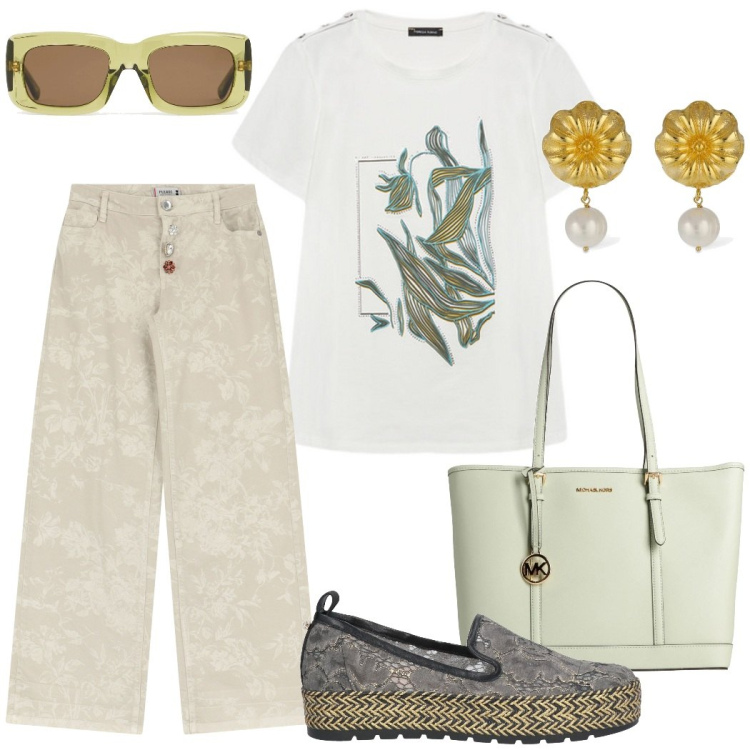 Outfit donna - Estate in fiore. Stile Casual chic per Tutti i giorni. Abbinamento con borse a spalla, espadrillas, pantaloni, t-shirt, orecchini, occhiali da sole.