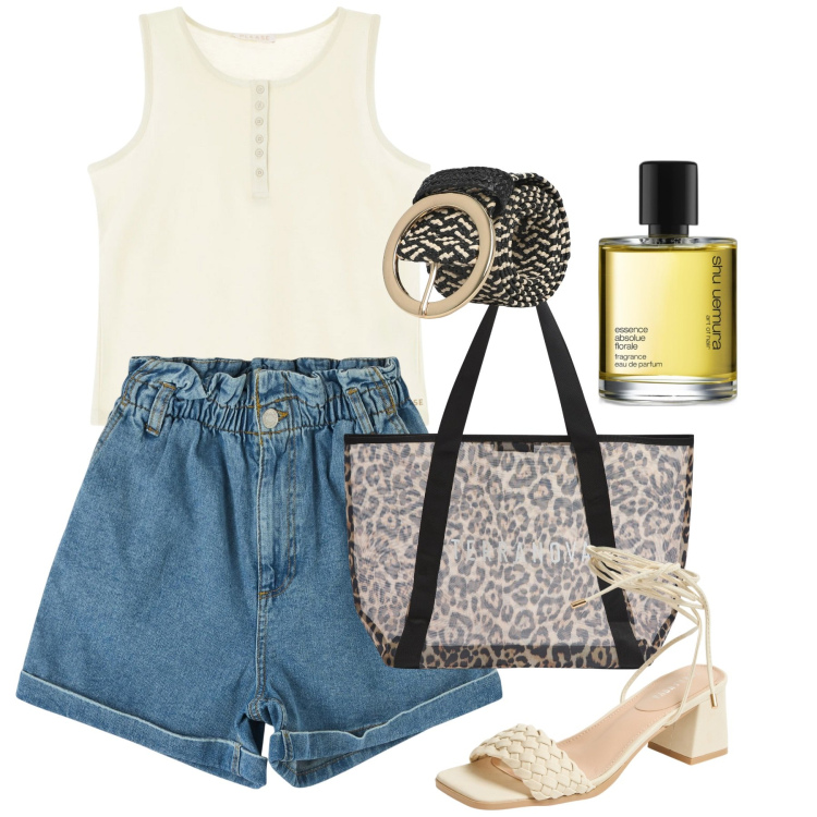 Outfit donna - Giugno. Stile Casual per Tutti i giorni. Abbinamento con profumi, shopping bag, shorts, sandali alla schiava, cinture, canottiere.