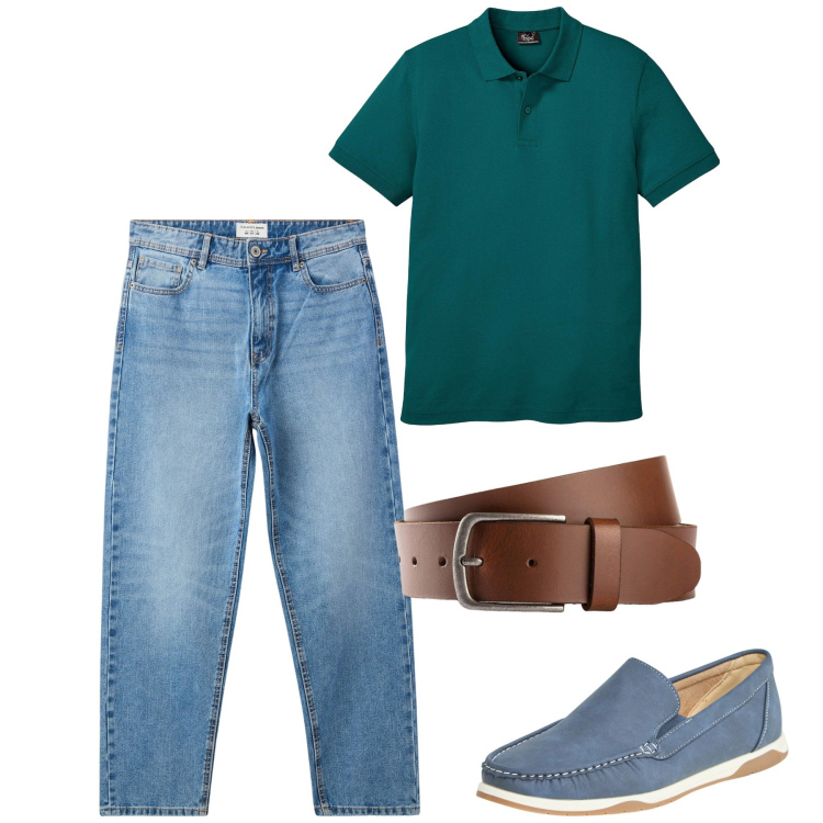 Outfit uomo - Giugno. Stile Casual per Tutti i giorni. Abbinamento con polo, cinture, scarpe stringate, jeans.