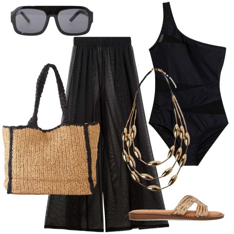 Outfit donna - Intero sexy. Stile Sexy per Mare. Abbinamento con shopping bag, costumi interi, pantaloni a palazzo, occhiali da sole, ciabatte, collane.