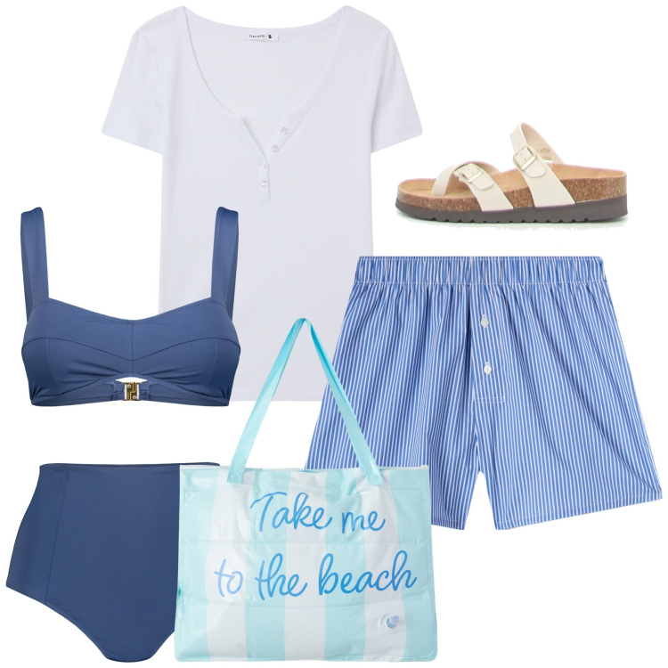 Outfit donna - Mare. Stile Casual per Mare. Abbinamento con borse tote, pantaloni corti, t-shirt, bikini, ciabatte.