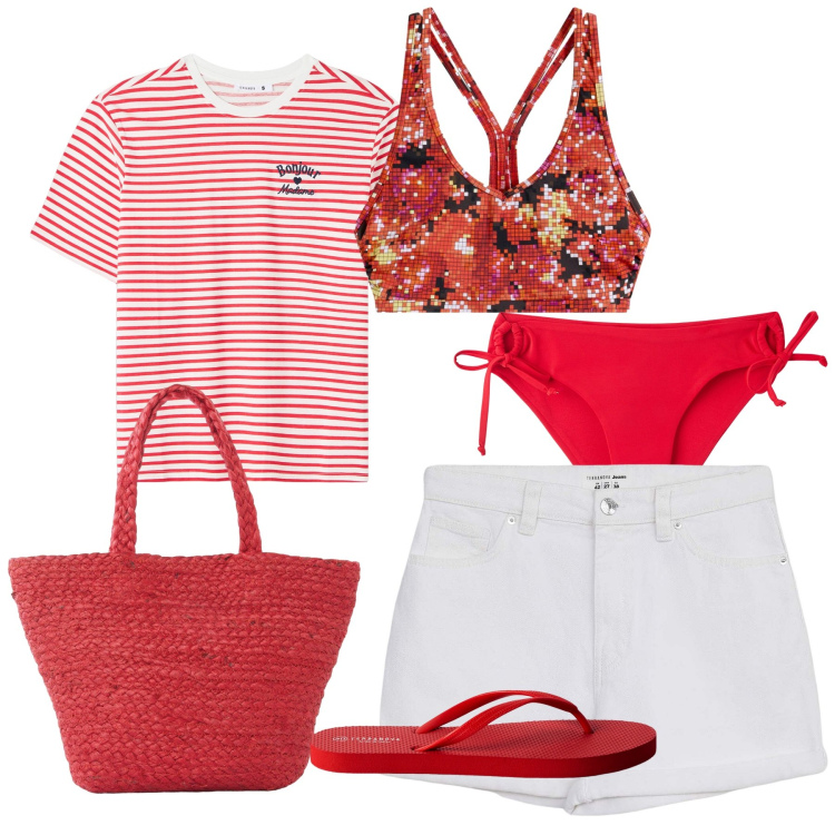 Outfit donna - Mare. Stile Casual per Tutti i giorni. Abbinamento con bikini, shopping bag, infradito, shorts, bikini, t-shirt.