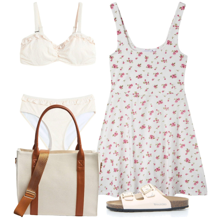 Outfit donna - Mare. Stile Bon Ton per Mare. Abbinamento con bikini, vestiti corti, shopping bag, ciabatte.