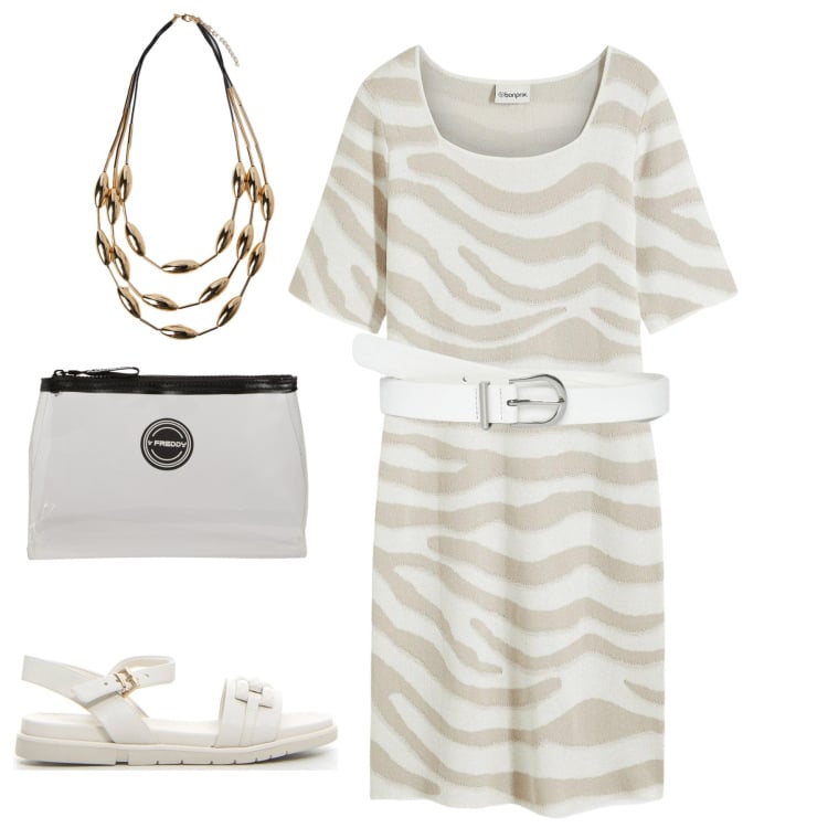 Outfit donna - Tigrata. Stile Bon Ton per Ufficio. Abbinamento con vestiti, cinture, valigie, sandali, collane.