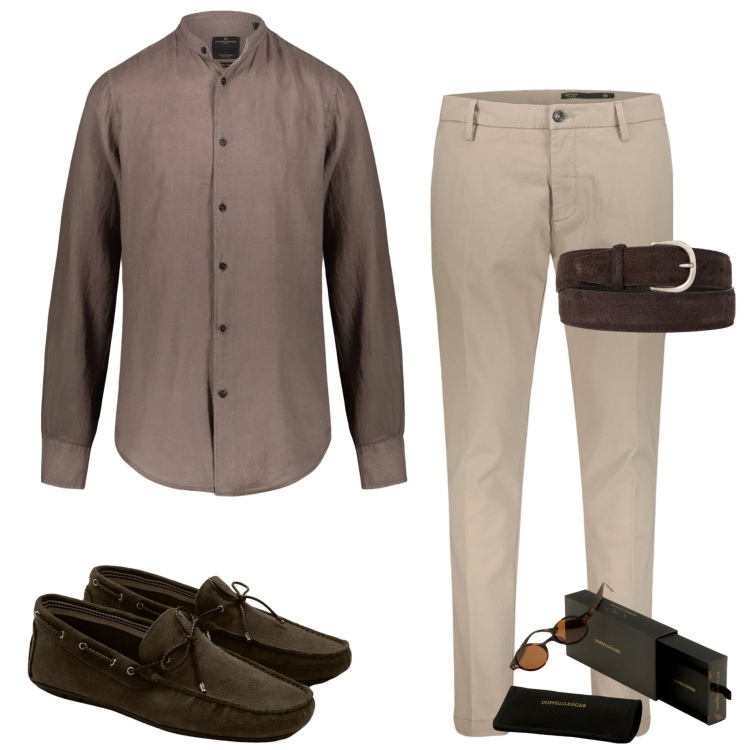Outfit uomo - Serata estiva. Stile Business/Elegante per Serata speciale. Abbinamento con cinture, camicie, scarpe stringate, pantaloni, occhiali da sole.