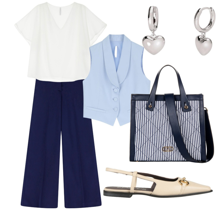 Outfit donna - Comodo chic. Stile Casual chic per Ufficio. Abbinamento con ballerine, shopping bag, orecchini, top, gilet, pantaloni.