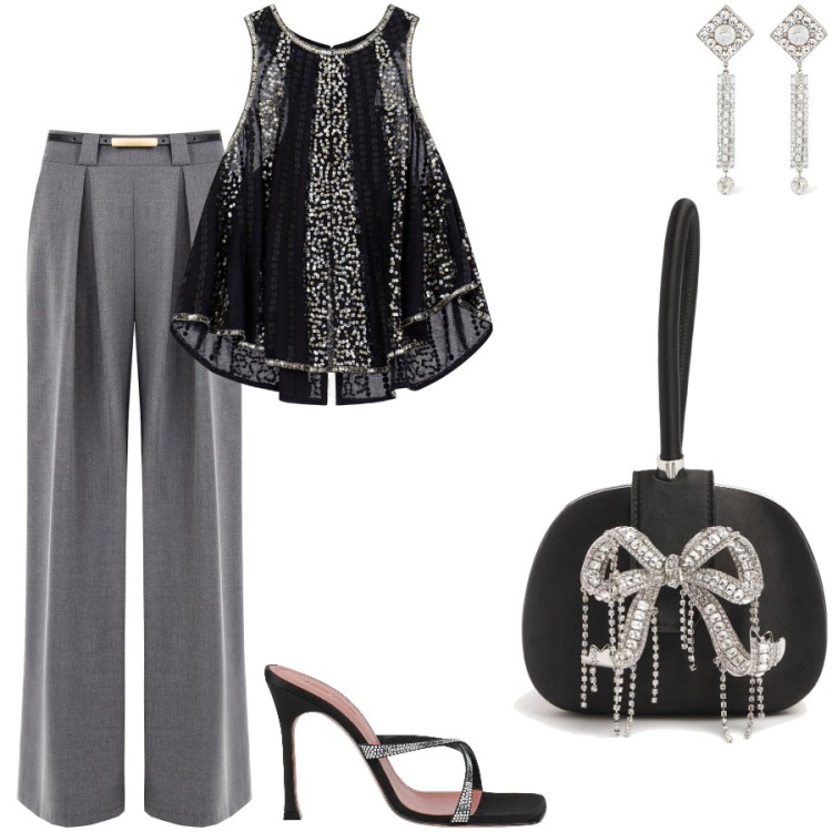 Outfit donna - Per una serata evento. Stile Glamour per Serata fuori. Abbinamento con sandali in pelle, pantaloni a palazzo, top, pochette, orecchini.