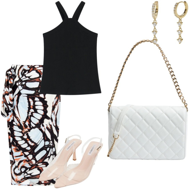 Outfit donna - Sera fuori. Stile Glamour per Serata fuori. Abbinamento con sandali col tacco, borse a tracolla, orecchini, gonne longuette, top.