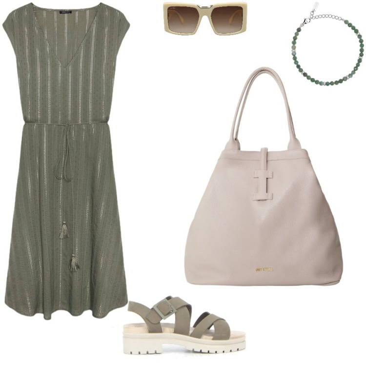 Outfit donna - Giornate afose. Stile Casual per Tutti i giorni. Abbinamento con occhiali da sole, braccialetti, borse tote, vestiti midi/longuette, sandali.