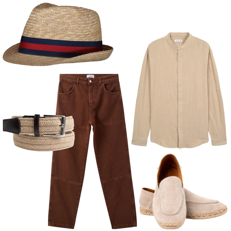 Outfit uomo - Dettagli in rafia e corda. Stile Trendy per Tutti i giorni. Abbinamento con pantaloni, camicie, espadrillas, cinture, cappelli.