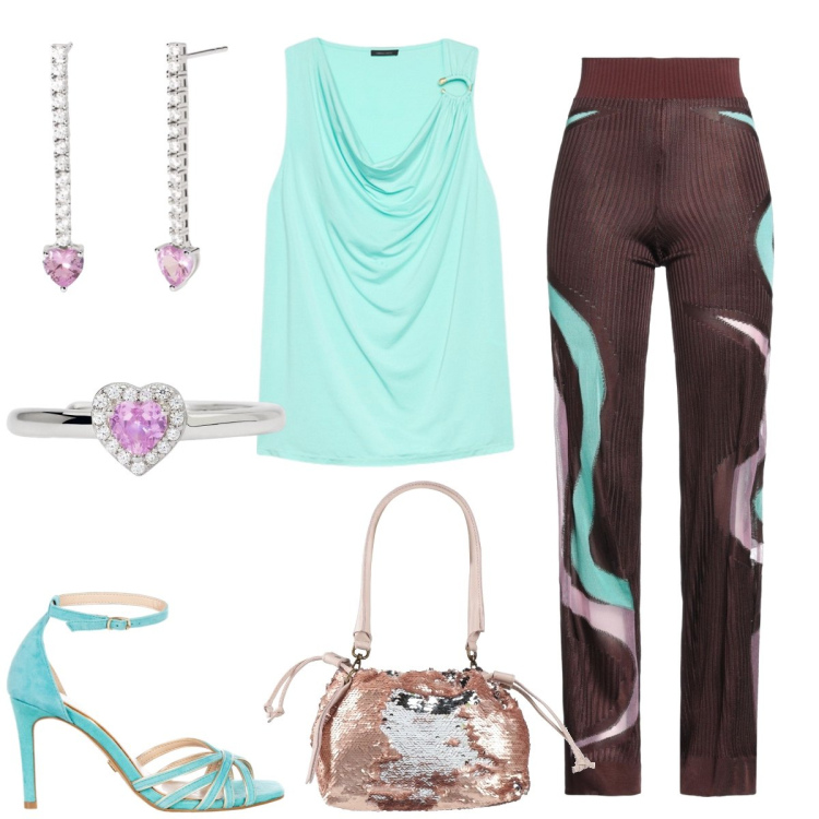 Outfit donna - Serata estiva. Stile Chic per Serata fuori. Abbinamento con pantaloni, borse a mano, anelli, orecchini, sandali col tacco, top.