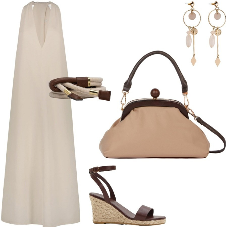 Outfit donna - Tempo libero in città. Stile Casual chic per Tutti i giorni. Abbinamento con sandali, orecchini, vestiti midi/longuette, cinture, clutch.
