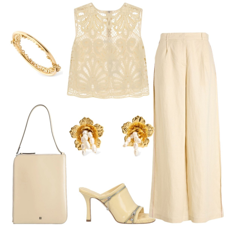 Outfit donna - Chic in color burro. Stile Chic per Serata fuori. Abbinamento con sandali in pelle, pantaloni, borse a mano, top, orecchini, anelli.