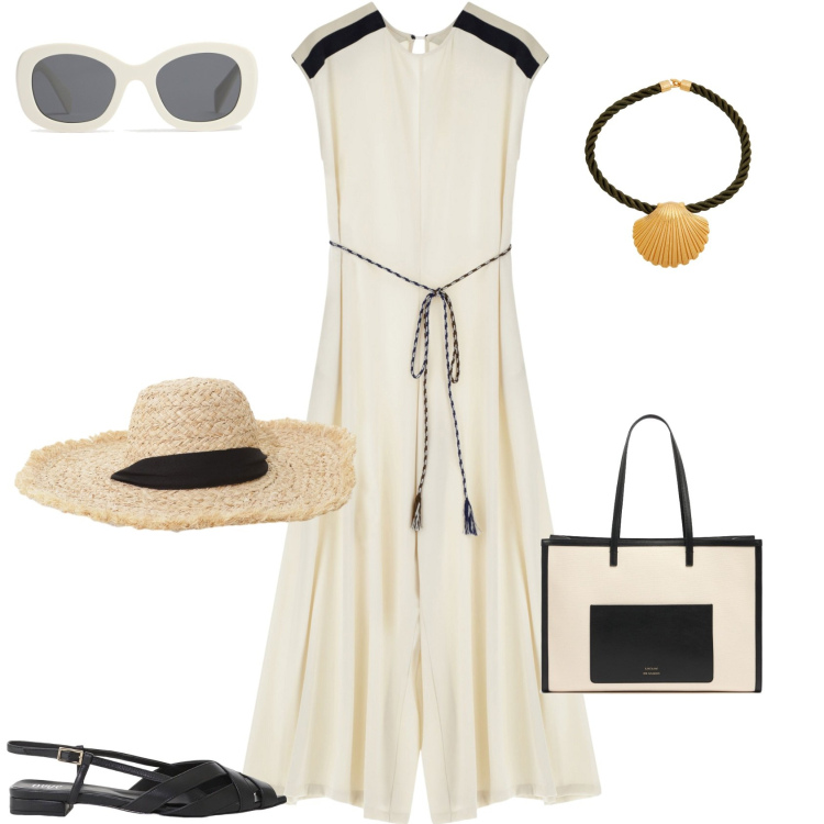 Outfit donna - Aperitivo al mare. Stile Bon Ton per Mare. Abbinamento con collane, cappelli, sandali, tute, occhiali da sole, borse tote.