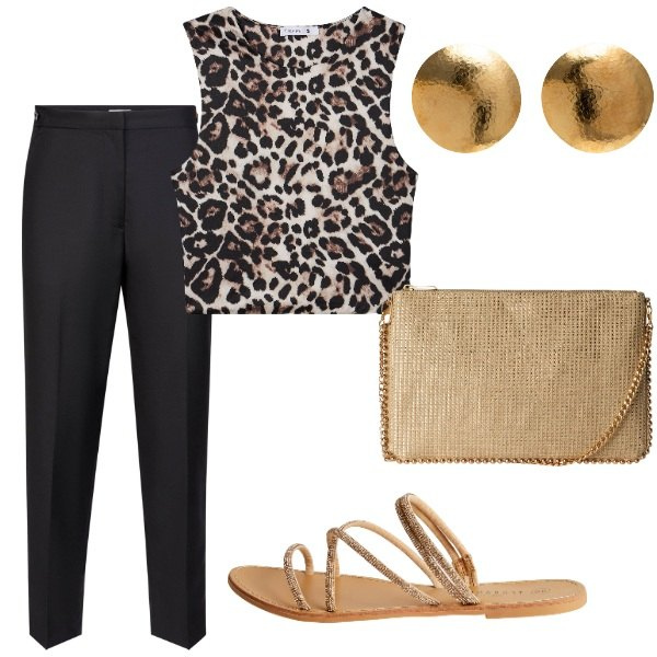 Outfit donna - A cena a casa di amici. Stile Casual chic per Serata fuori. Abbinamento con top, borse a tracolla, sandali, pantaloni, orecchini.