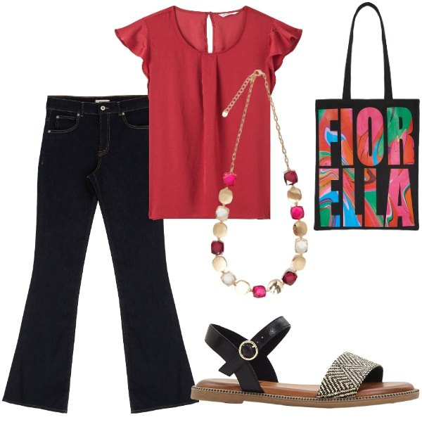 Outfit donna - Andiamo a fare shopping. Stile Casual per Tutti i giorni. Abbinamento con sandali, bluse, jeans, collane, borse tote.