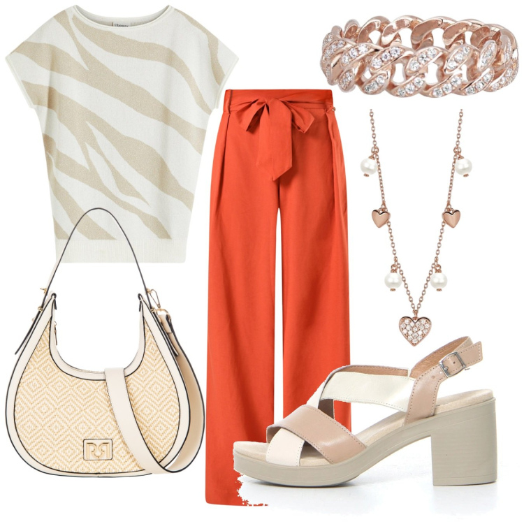Outfit donna - Pantalone arancio. Stile Casual chic Abbinamento con maglieria, borse a mano, pantaloni, collane, anelli, sandali col tacco.