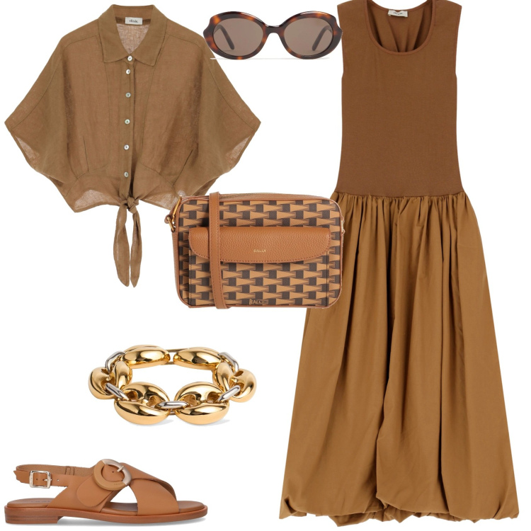Outfit donna - Total look #2193290. Stile Minimal per Ufficio. Abbinamento con borse a tracolla, vestiti midi/longuette, camicie a manica corta, braccialetti, occhiali da sole, sandali.