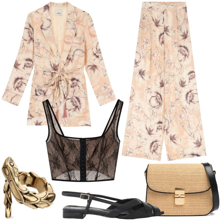 Outfit donna - Serata all\' aperto. Stile Chic per Serata fuori. Abbinamento con top, pantaloni, sandali, trench, borse a spalla, anelli.