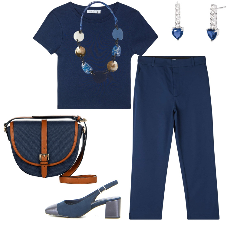 Outfit donna - Total look #2193298. Abbinamento con pantaloni chino, t-shirt, orecchini, borse a tracolla, collane, décolleté.