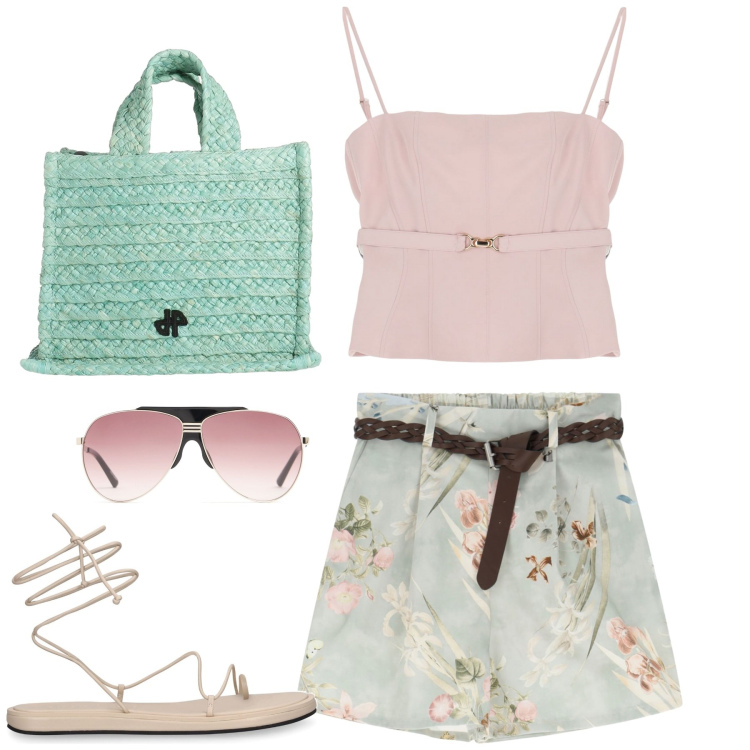 Outfit donna - Giugno. Stile Casual chic per Tutti i giorni. Abbinamento con borse a mano, top, shorts, sandali in pelle, occhiali da sole.