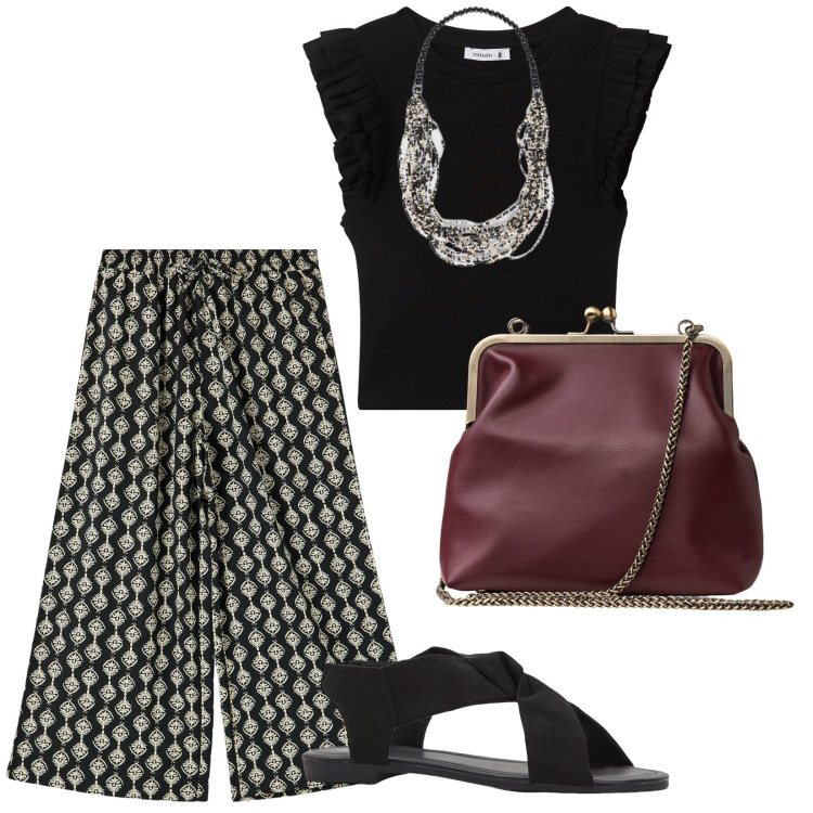 Outfit donna - Uscita serale. per Serata fuori. Abbinamento con sandali, pantaloni a palazzo, t-shirt, collane, clutch.