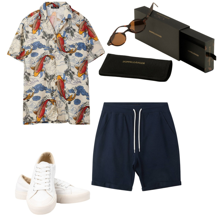 Outfit uomo - Occhiali confortevoli. per Mare. Abbinamento con camicie a manica corta, pantaloni corti, sneakers, occhiali da sole.