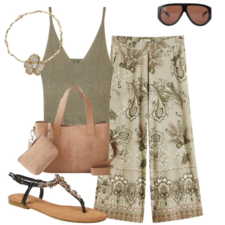 Outfit donna - Giugno. Stile Casual chic per Tutti i giorni. Abbinamento con pantaloni, borse a mano, top, sandali gioiello, occhiali da sole, collane.