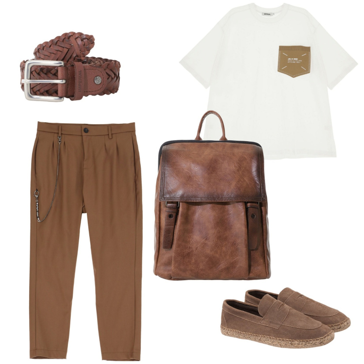 Outfit uomo - A lavoro. per Ufficio. Abbinamento con t-shirt, cinture, borse sportive, pantaloni, espadrillas.