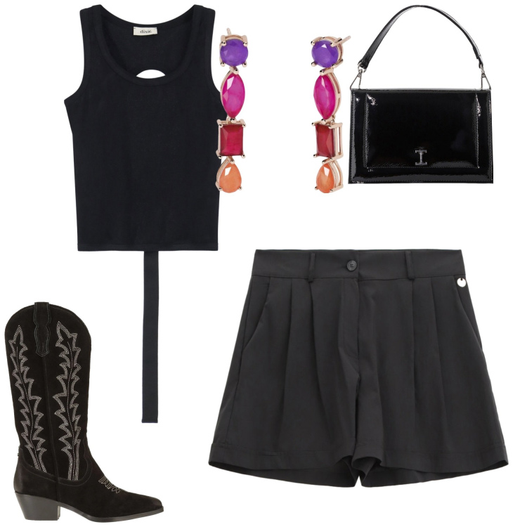 Outfit donna - Giugno. Stile Trendy per Serata fuori. Abbinamento con stivali, orecchini, borse a tracolla, shorts, top.