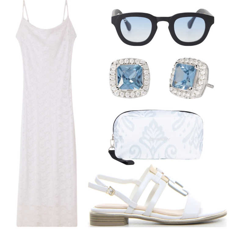 Outfit donna - Bianco estate. Stile Minimal per Tutti i giorni. Abbinamento con vestiti senza maniche, orecchini, occhiali da sole, valigie, sandali.