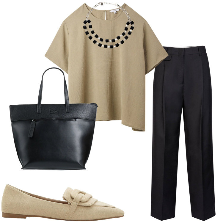 Outfit donna - Appuntamento di lavoro. Stile Urban per Ufficio. Abbinamento con mocassini, borse a mano, bluse, collane, pantaloni.