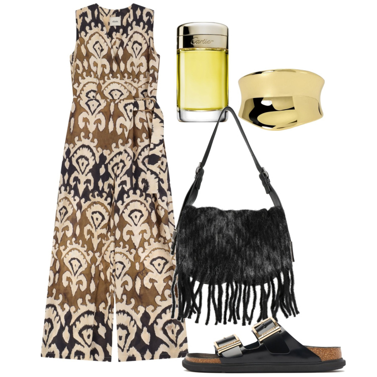 Outfit donna - Jumpsuit. Stile Chic per Tutti i giorni. Abbinamento con borse a spalla, profumi, anelli, tute, sandali in pelle.