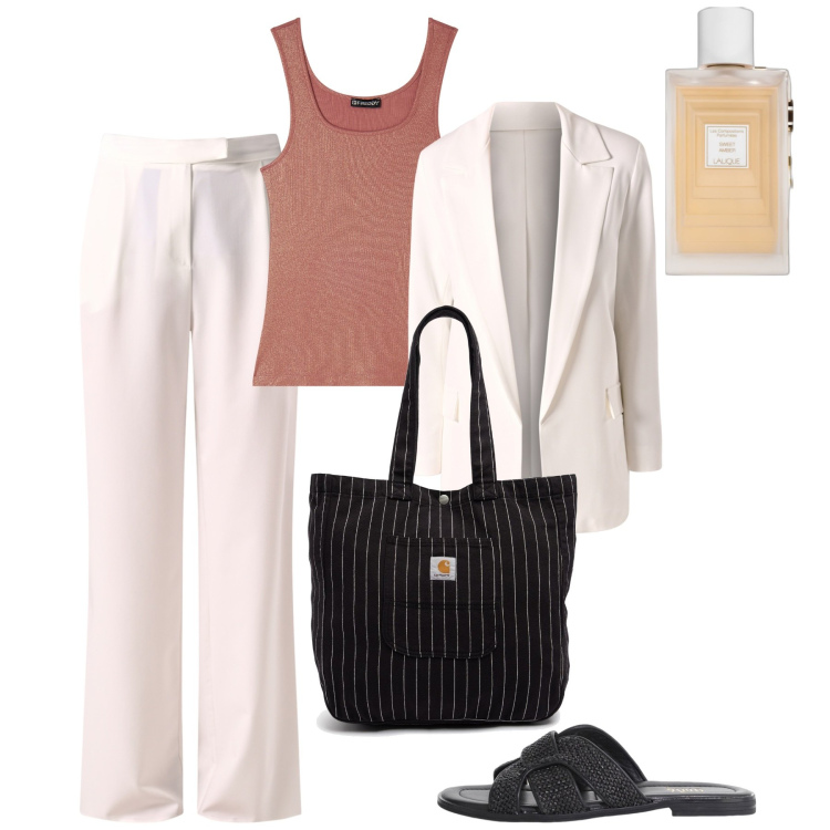 Outfit donna - Bianco chic. Stile Chic per Tutti i giorni. Abbinamento con profumi, pantaloni, blazer, canottiere, sandali, borse tote.