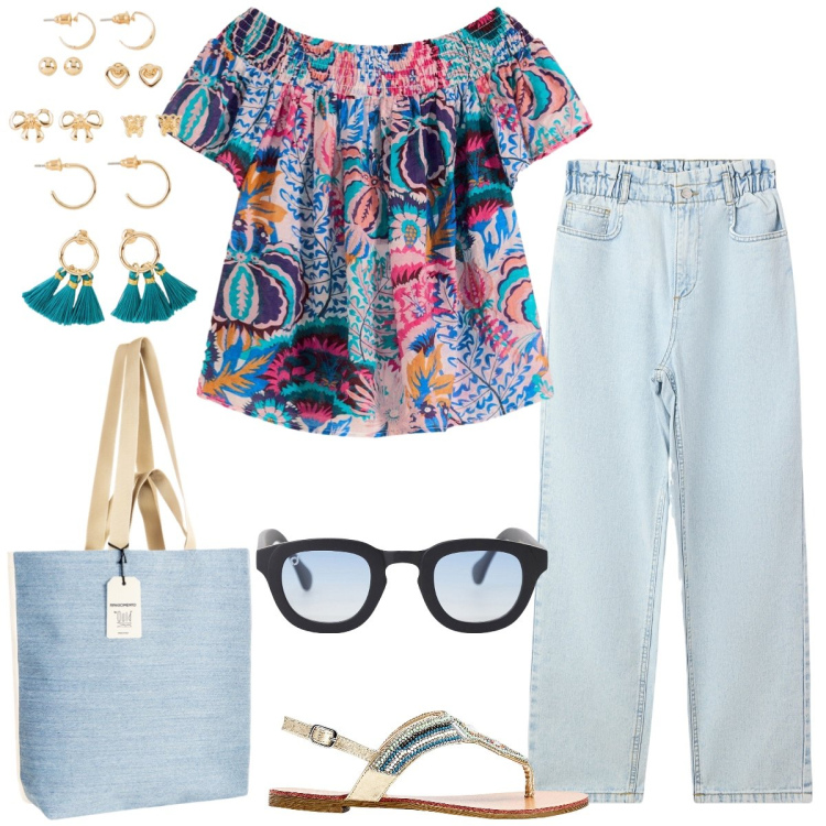 Outfit donna - In vacanza. Stile Casual per Tutti i giorni. Abbinamento con ciabatte, bluse, orecchini, jeans, borse tote, occhiali da sole.