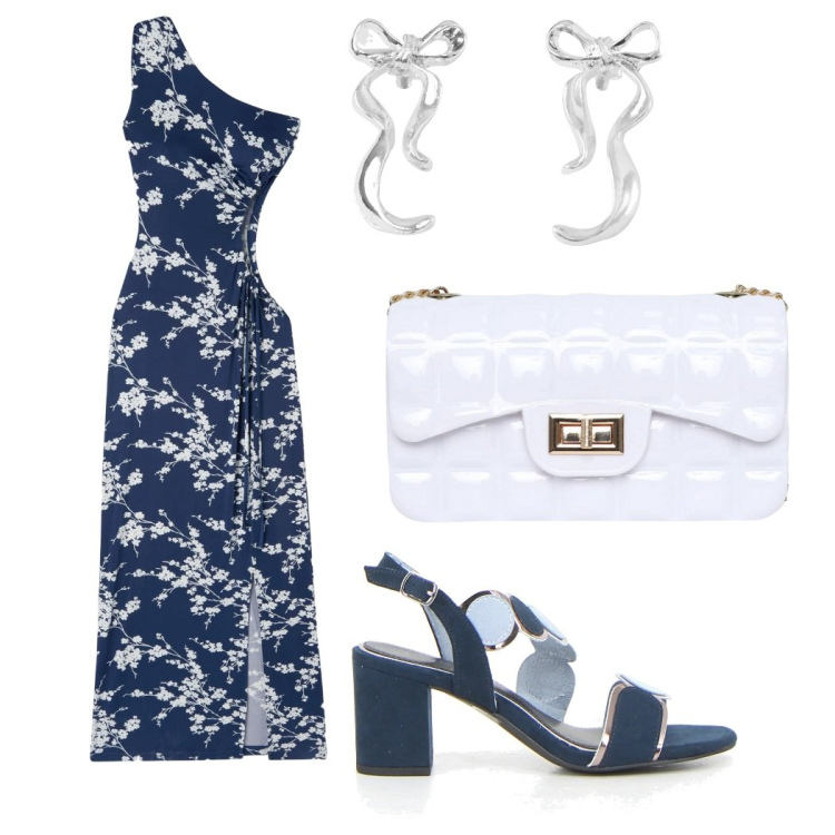 Outfit donna - L\' abito monospalla. Stile Chic per Tutti i giorni. Abbinamento con vestiti asimmetrici, orecchini, borse a tracolla, sandali col tacco.