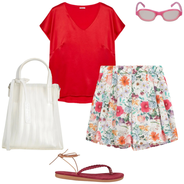 Outfit donna - Fa caldo .... Stile Basic per Tutti i giorni. Abbinamento con infradito, borse a mano, pantaloni corti, t-shirt, occhiali da sole.
