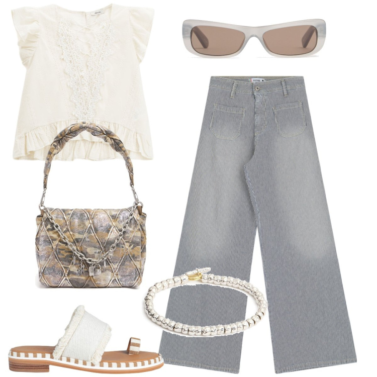 Outfit donna - Jeans chic. Stile Casual chic per Tutti i giorni. Abbinamento con ciabatte, jeans a zampa, top, braccialetti, borse a spalla, occhiali da sole.
