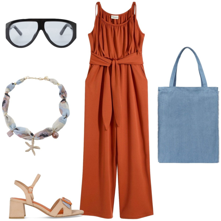 Outfit donna - In vacanza. Stile Casual chic per Tutti i giorni. Abbinamento con tute, borse tote, occhiali da sole, collane, sandali col tacco.