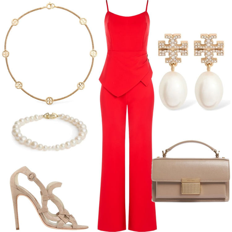 Outfit donna - Cerimonia. Stile Chic per Cerimonia. Abbinamento con sandali in pelle, tute, braccialetti, borse a mano, orecchini, collane.