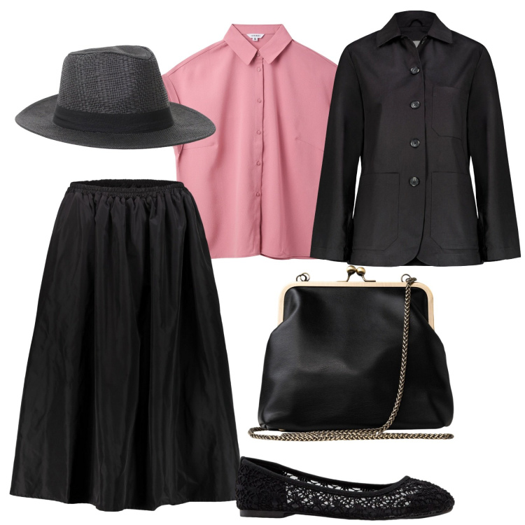 Outfit donna - Eleganza informale. per Serata fuori. Abbinamento con ballerine, camicie a manica corta, cappelli, gonne lunghe, clutch, blazer.