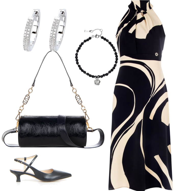 Outfit donna - Elegante. Stile Chic per Serata fuori. Abbinamento con braccialetti, orecchini, borse a mano, vestiti midi/longuette, décolleté.