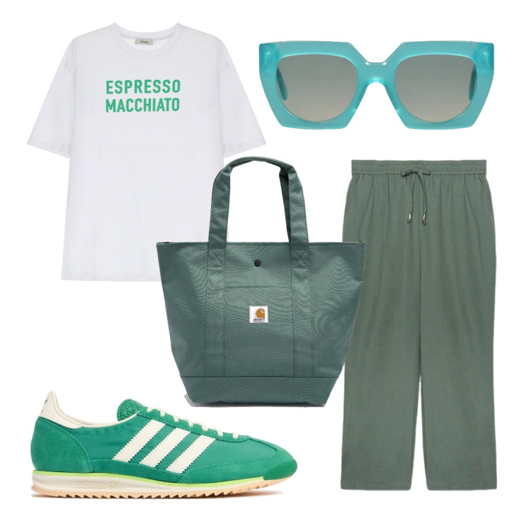 Outfit donna - In università. Stile Urban per Scuola/Università. Abbinamento con occhiali da sole, t-shirt, pantaloni, borse tote, sneakers.