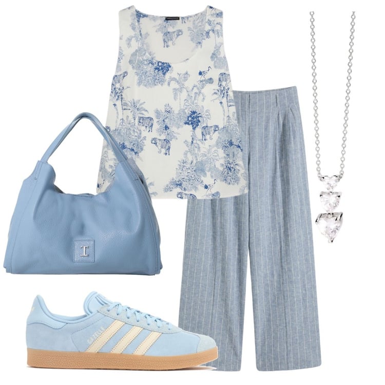 Outfit donna - Comoda in città. Stile Casual chic per Tutti i giorni. Abbinamento con pantaloni, collane, pochette, top, sneakers.