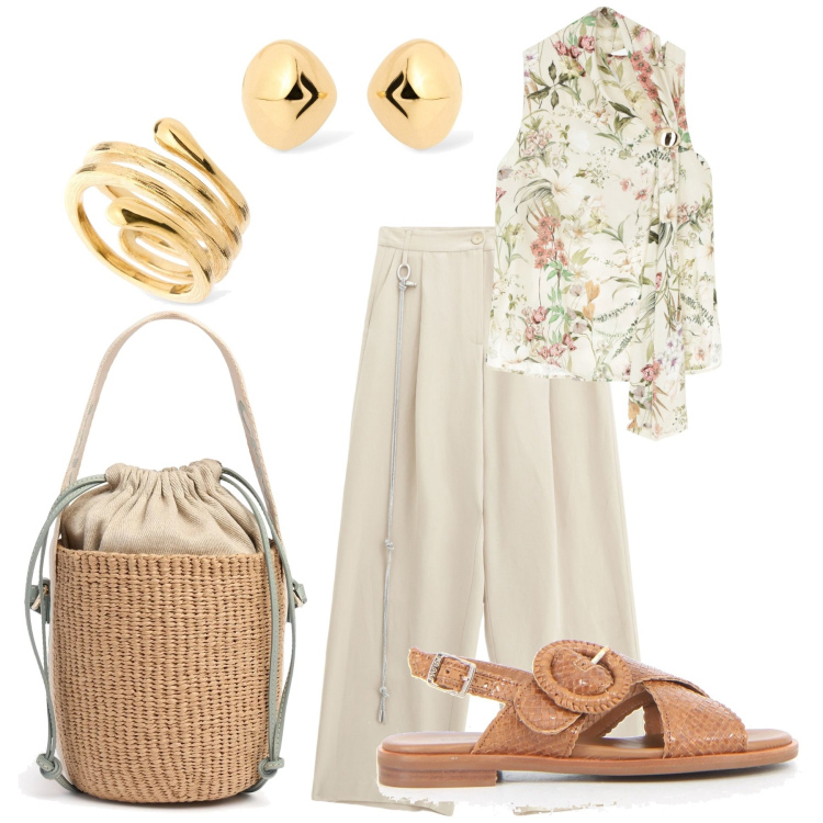 Outfit donna - Di giorno al museo. Stile Casual per Tutti i giorni. Abbinamento con top, pantaloni, anelli, sandali, borse a secchiello, orecchini.