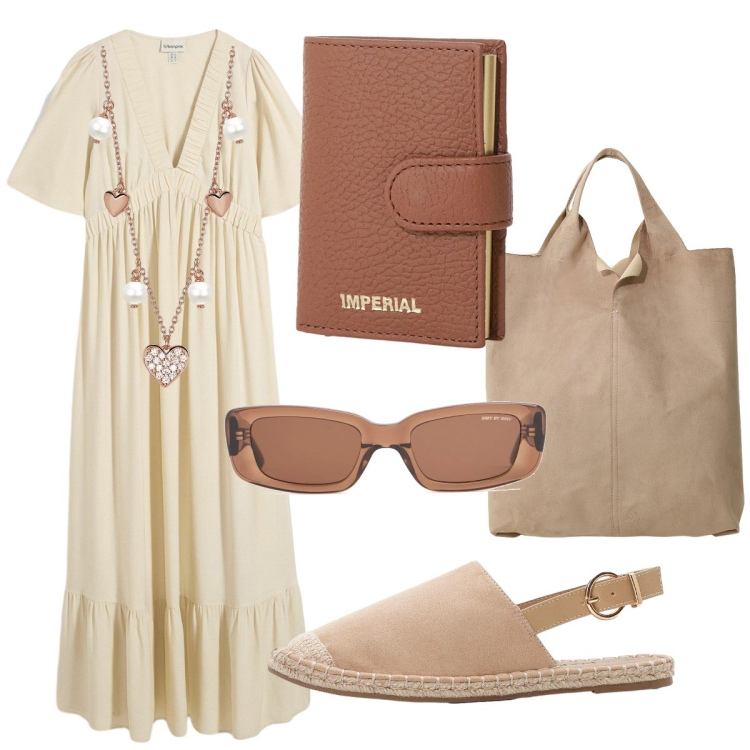 Outfit donna - Estate in città. Stile Boho per Tutti i giorni. Abbinamento con vestiti lunghi, espadrillas, collane, portafogli, shopping bag, occhiali da sole.