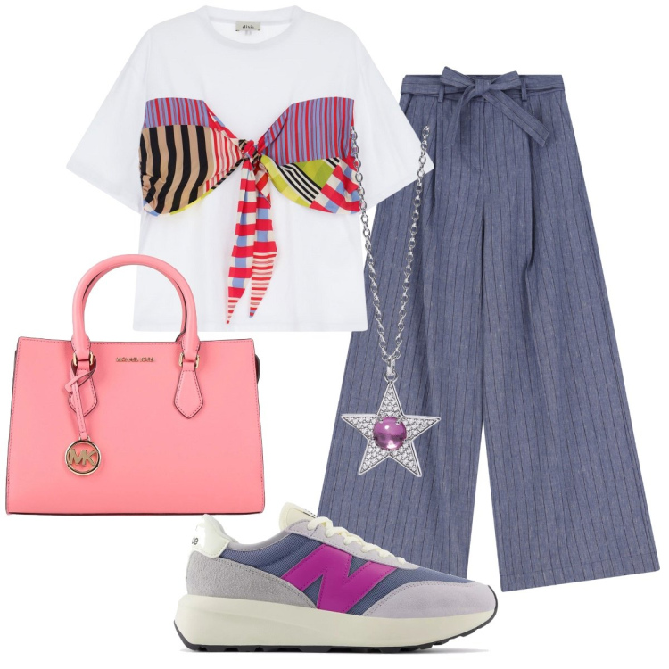 Outfit donna - La t-shirt col fiocco. Stile Casual chic per Tutti i giorni. Abbinamento con borse a mano, ciondoli, sneakers, pantaloni, t-shirt.