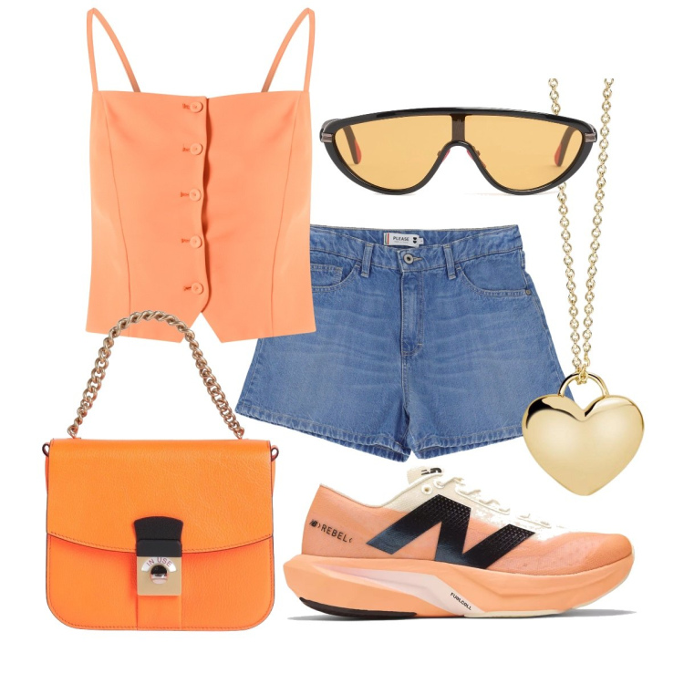 Outfit donna - Arancio protagonista. Stile Sporty chic per Tutti i giorni. Abbinamento con borse a mano, collane, sneakers, canottiere, shorts, occhiali da sole.